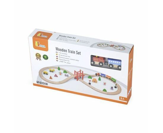 Деревянная железная дорога с поездом и аксессуарами от бренда Viga Toys, 39 элементов