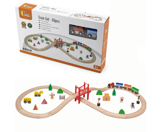 Деревянная железная дорога с поездом и аксессуарами от бренда Viga Toys, 39 элементов
